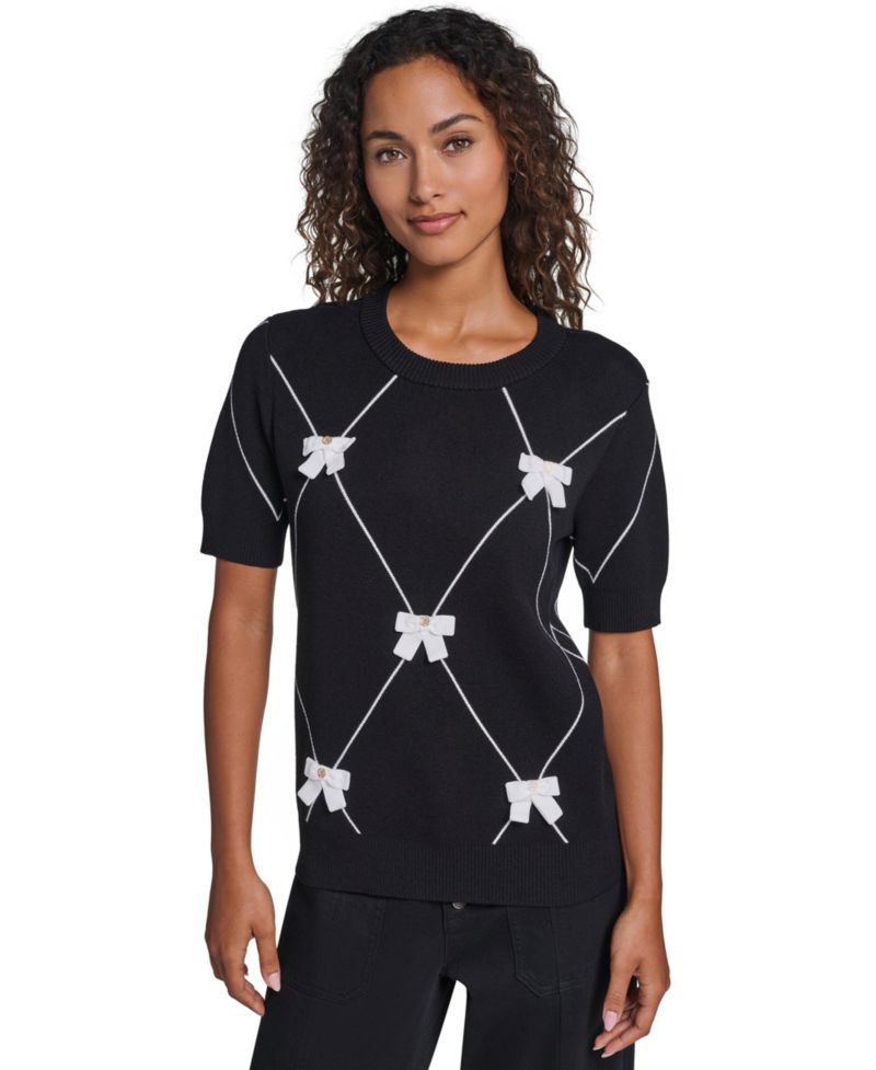 Women's Argyle 3D Bow Short-Sleeve Crewneck Sweater