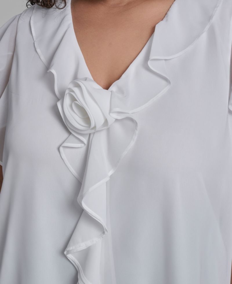 Plus Size Rosette V-Neck Ruffle Blouse Top