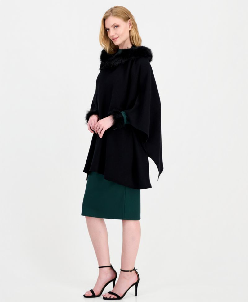 Women's Hooded Faux-Fur Trim Cape