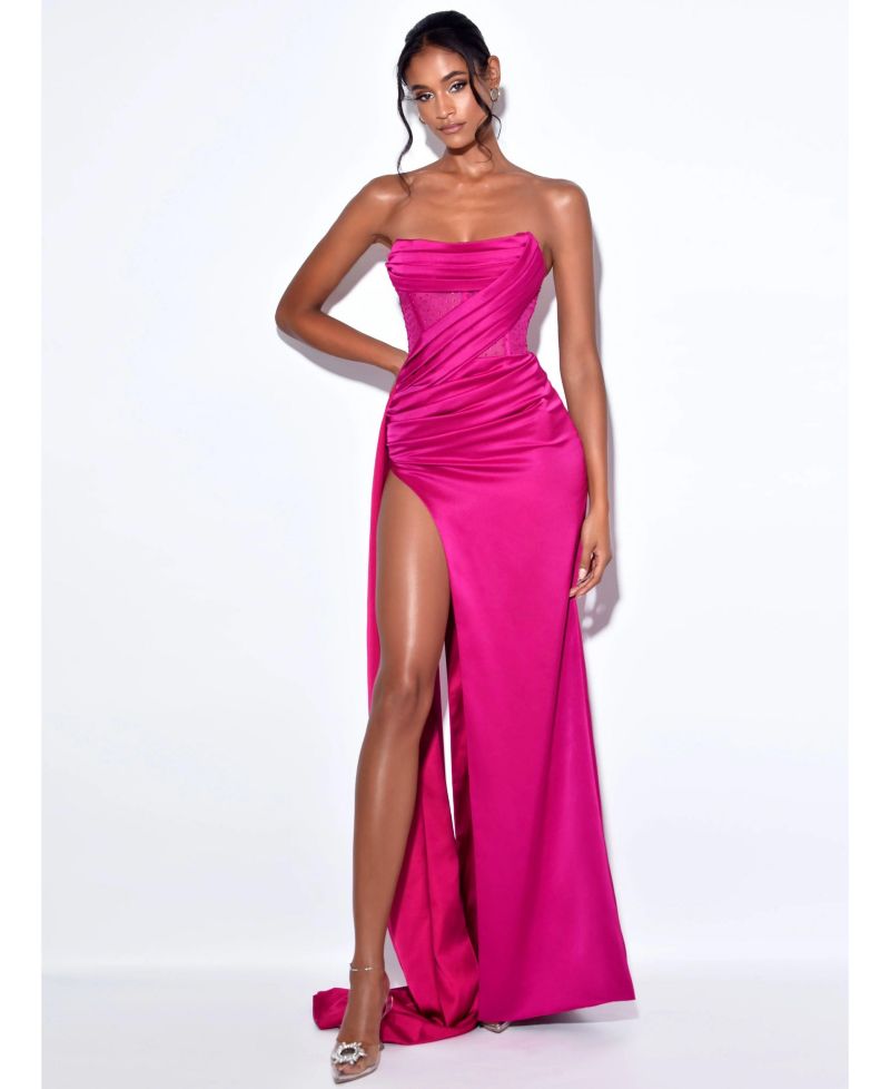 Women Holly Fuchsia Crystallized Corset High Slit Satin Gown