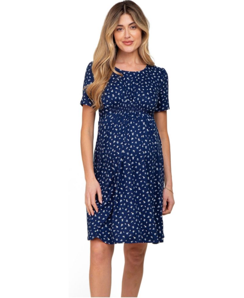 Women's Navy Floral Smocked Short Sleeve Dress