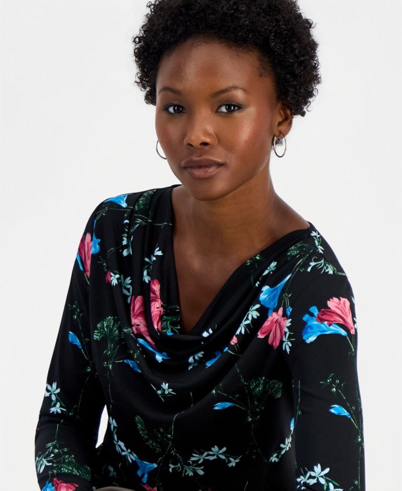 Petite Floral-Print Cowl Neck Top