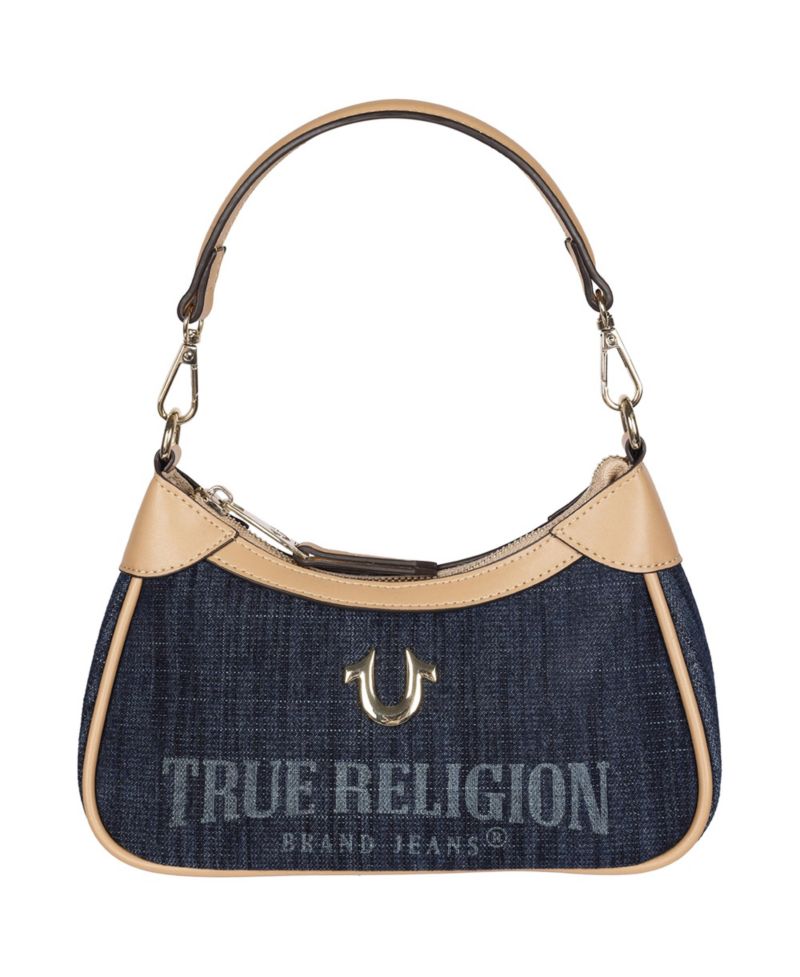 Blair Denim and PU Shoulder Bag Logo Denim Mini Shoulder Bag with Detachable Strap