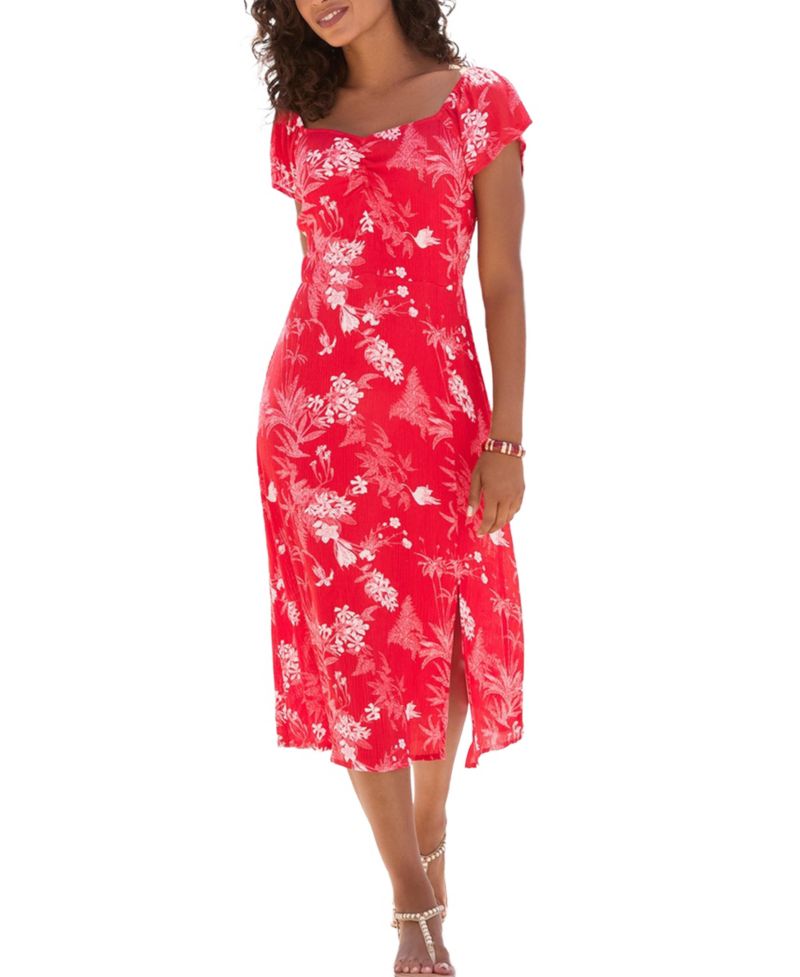Women's Floral-Print A-Line Sweetheart Midi Dress