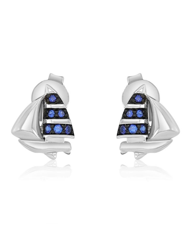 Created Blue Sapphire Ship Stud Earrings in Rhodium Over Sterling Silver