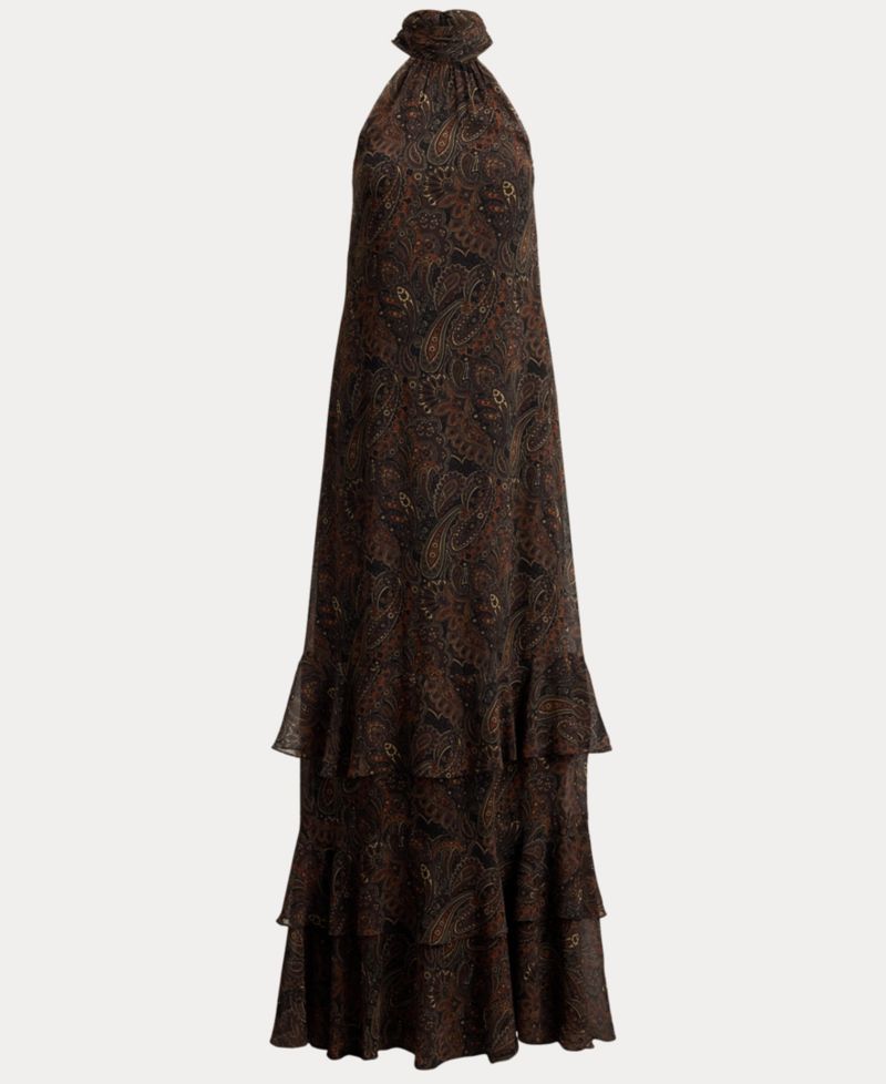 Women's Paisley Georgette Tiered Mockneck Gown