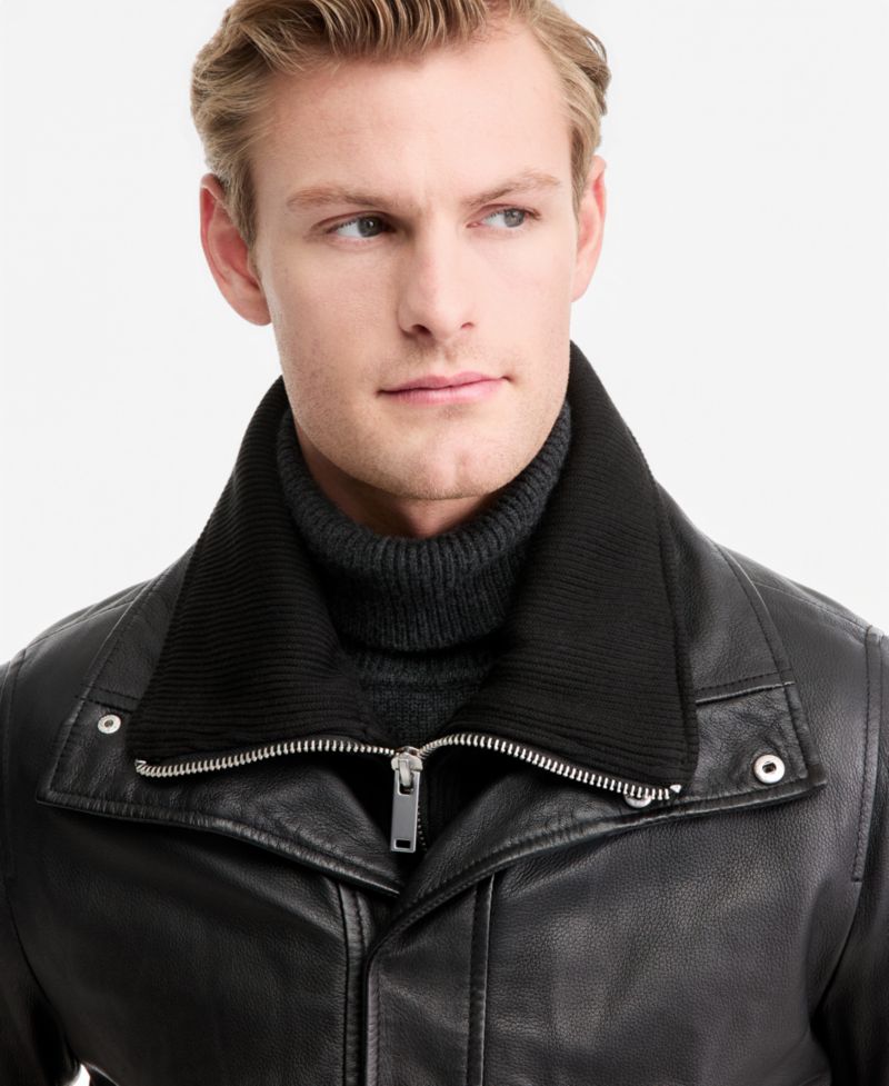 Men's Genuine Leather Bomber Jacket with Sweater Bib Insert