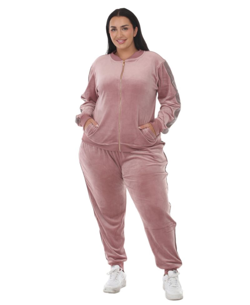 Plus Size Full-Zip Ribbed Velour Side-Stripe Top and Joggers, 2-Piece Set