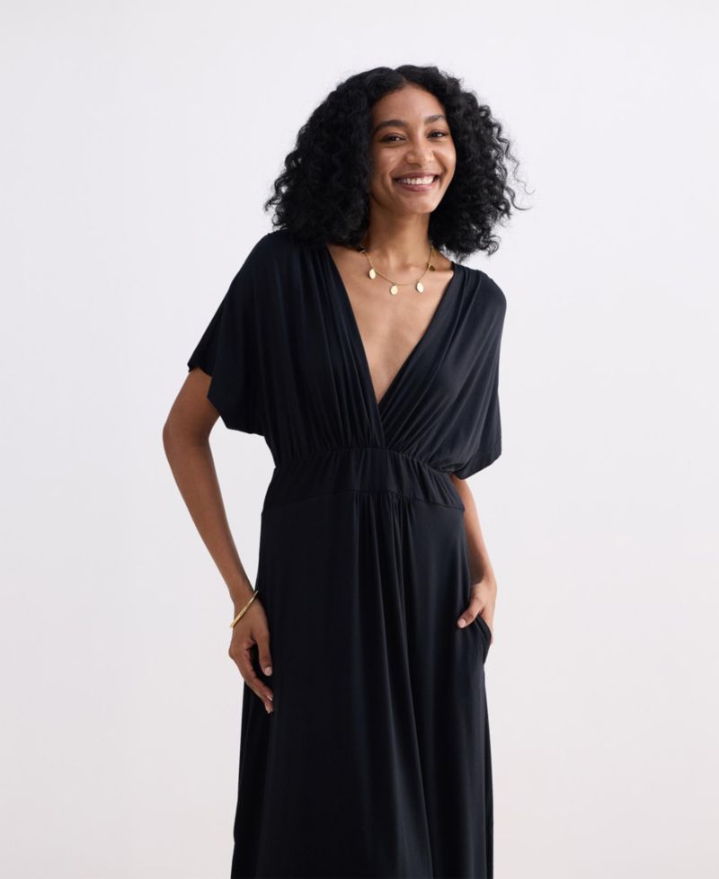 Women's Flowy A-Line Maxi Dress with Side Slits in Black