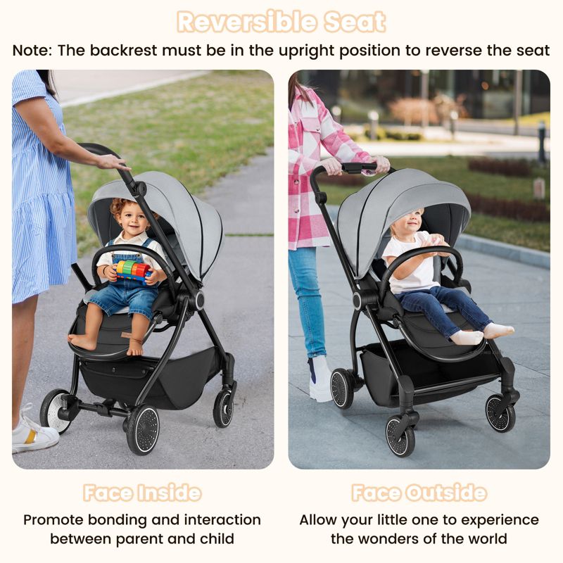 Foldable Infant Pram Stroller with Reversible Seat Reclining Backrest
