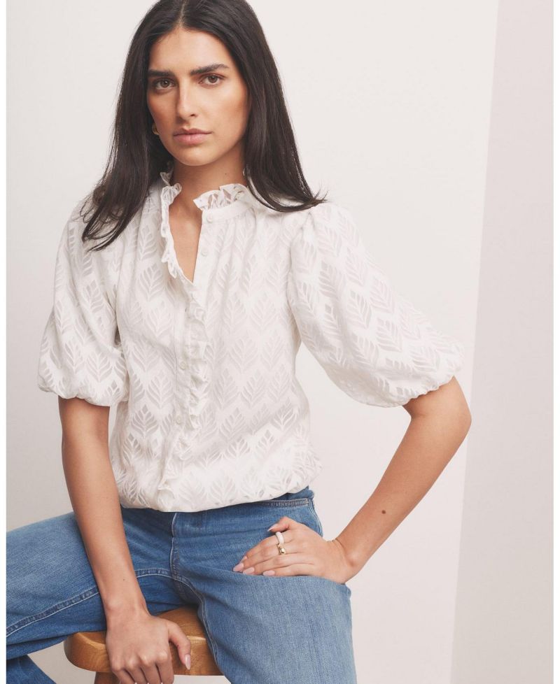 Women's Short Puff Sleeve Jacquard Ruffle-Trim Blouse