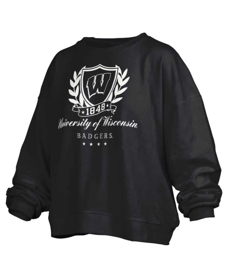 Women's Wisconsin Badgers Big Aug Script Janice Oversized Cropped Graphic Crewneck Pullover Sweatshirt