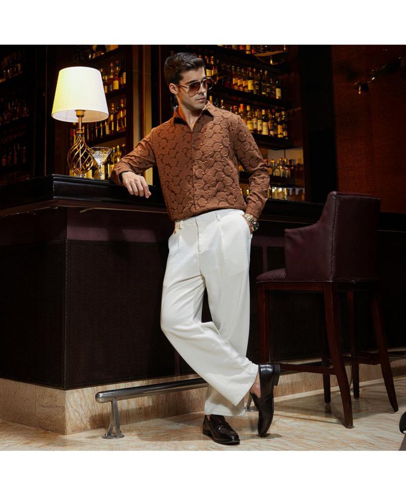 Men's Cream White Waffle-Pleated Straight Trousers