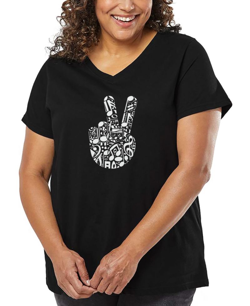 Plus Size Peace Finger Notes Word Art V-Neck T-Shirt