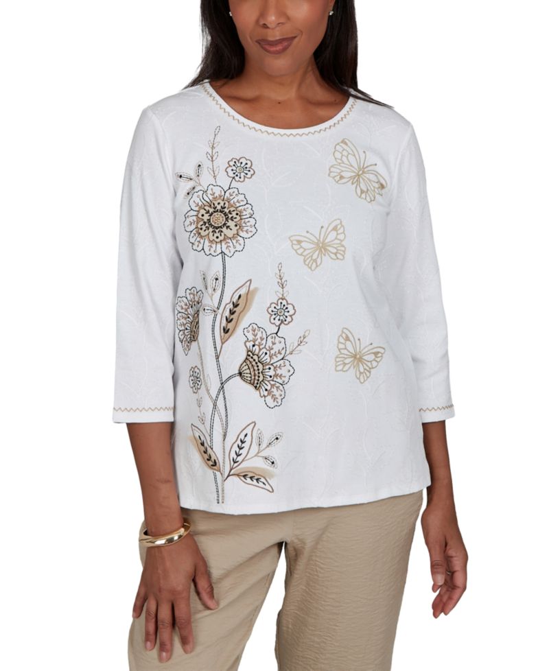 Petite Floral Embroidered 3/4-Sleeve Top