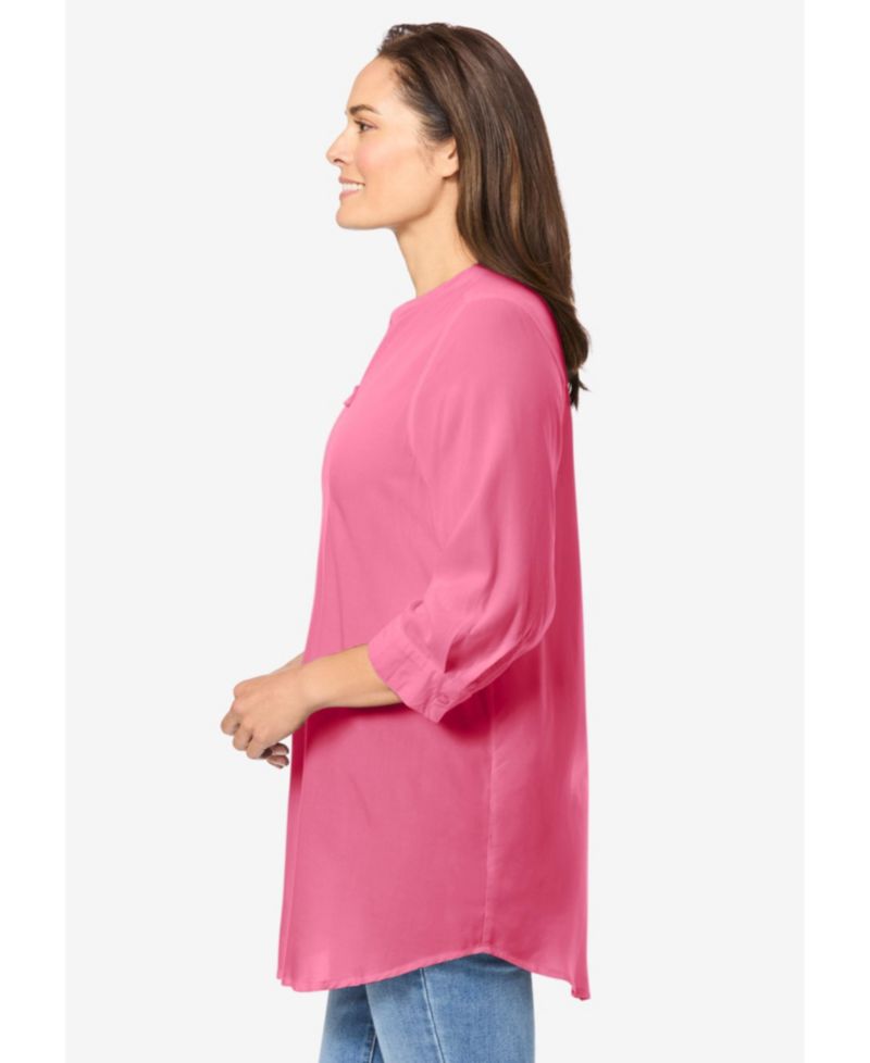 Plus Size Floral V-Neck Three-Quarter-Sleeve Tunic Blouse