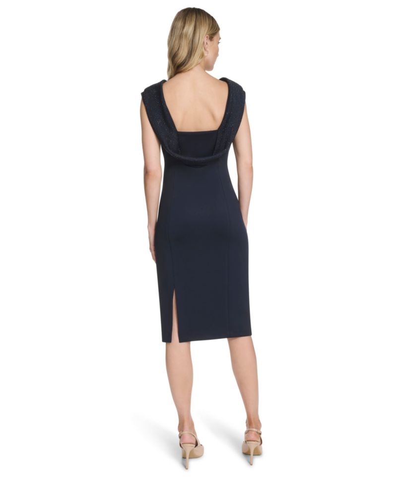 Women's Boat Neck Cowl Back Rhinestone-Embellished Sheath Dress