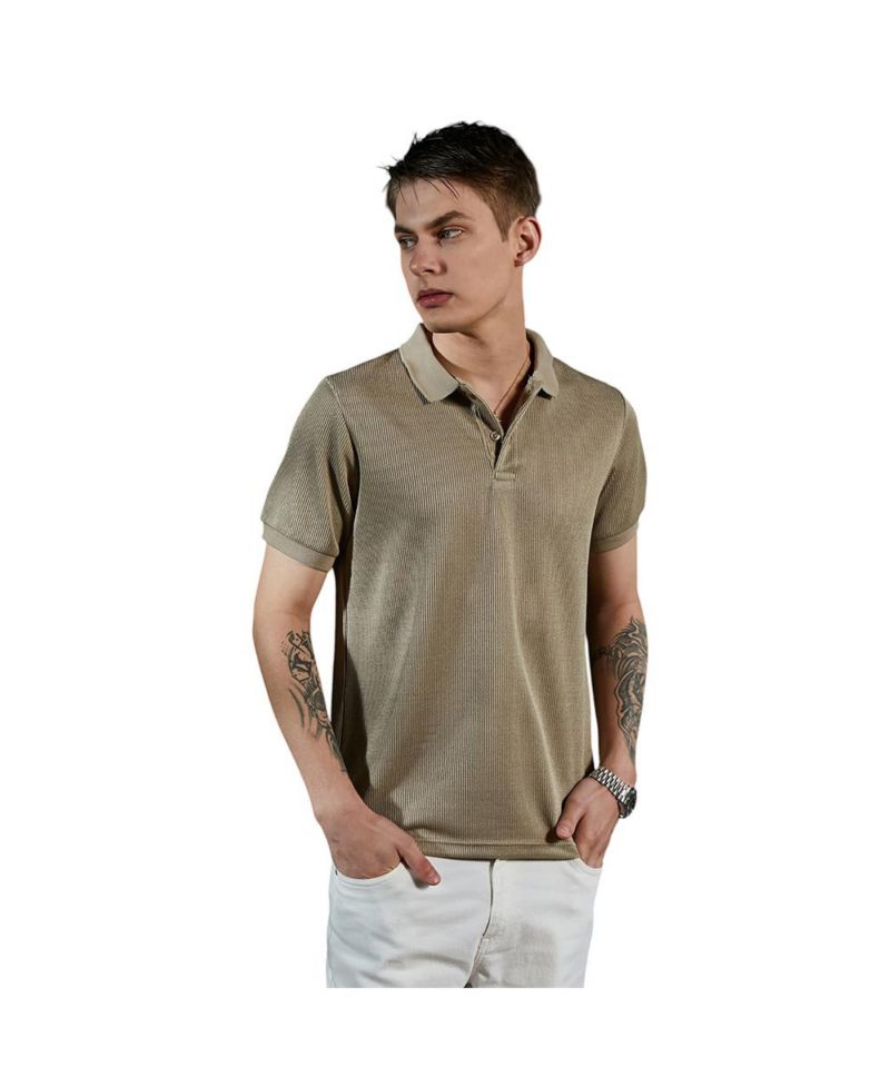 Men's Camel Beige Solid Ribbed Polo T-Shirt