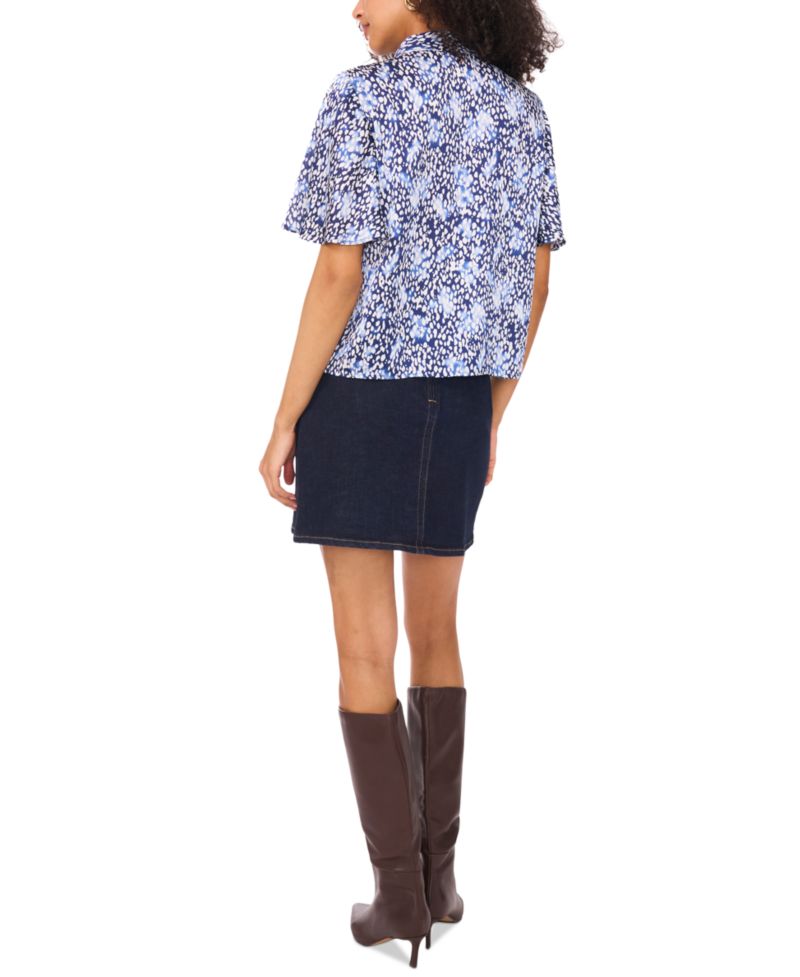 Women's Printed Flutter-Sleeve Button Blouse