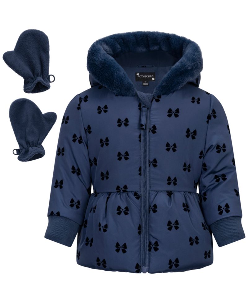 Baby Girls' Flocked Hooded Peplum Puffer Jacket and Mittens, 2-Piece Set