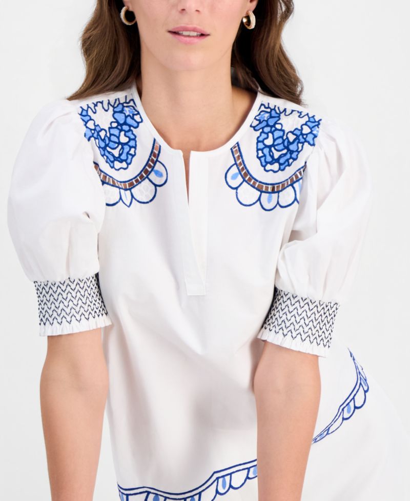 Women's Cotton Embroidered-Trim Split-Neck Top