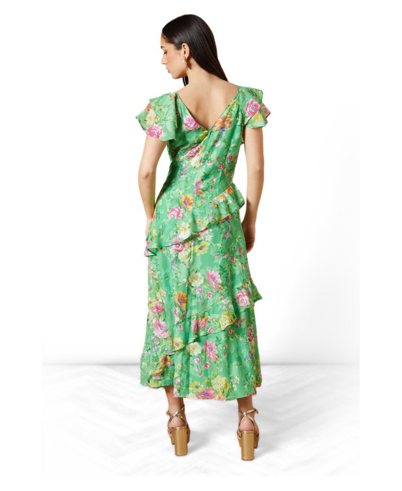 Women's Ruffle Sleeve Jacquard Midi Dress