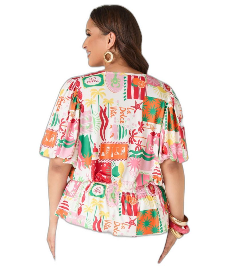 Plus Size V-Neck Peplum Bubble-Sleeve Blouse