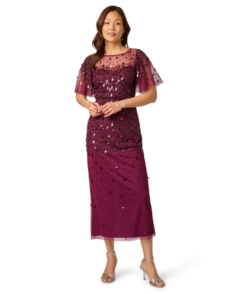 Petite Beaded Mesh Flutter-Sleeve Dress