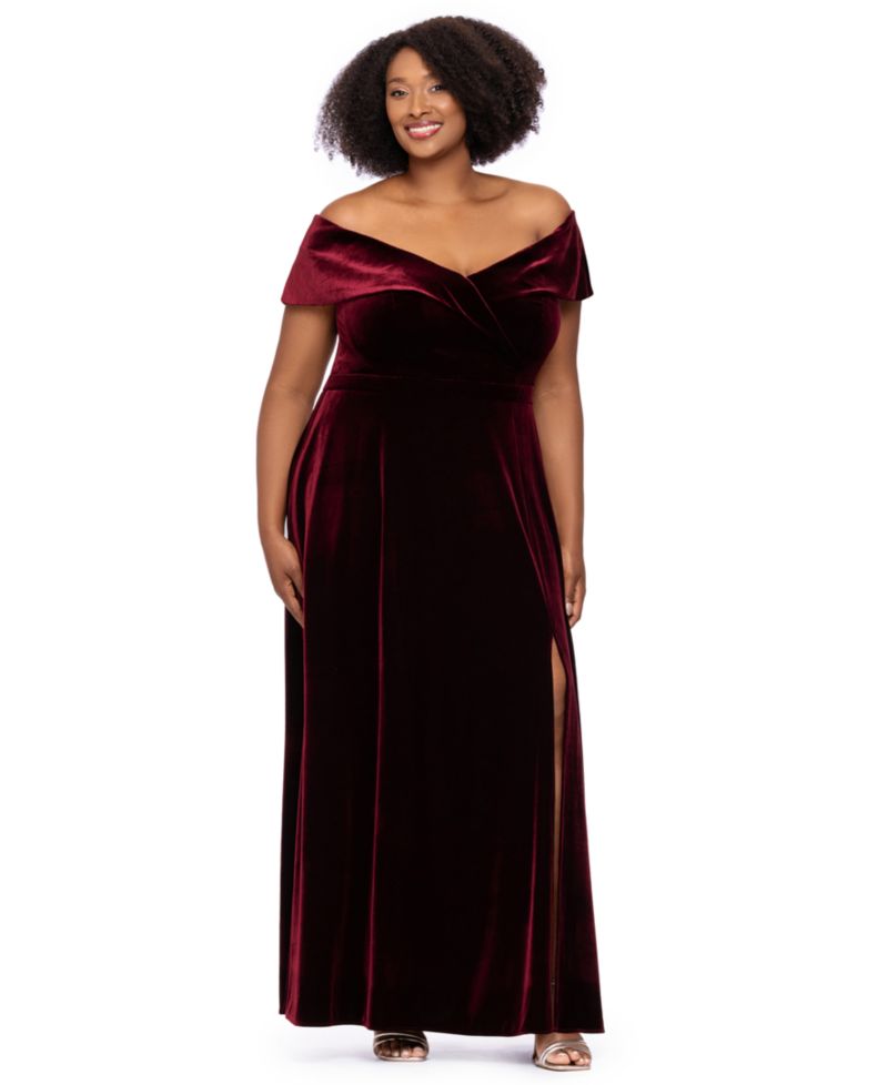 Plus Size Velvet Off-the-Shoulder A-Line Gown