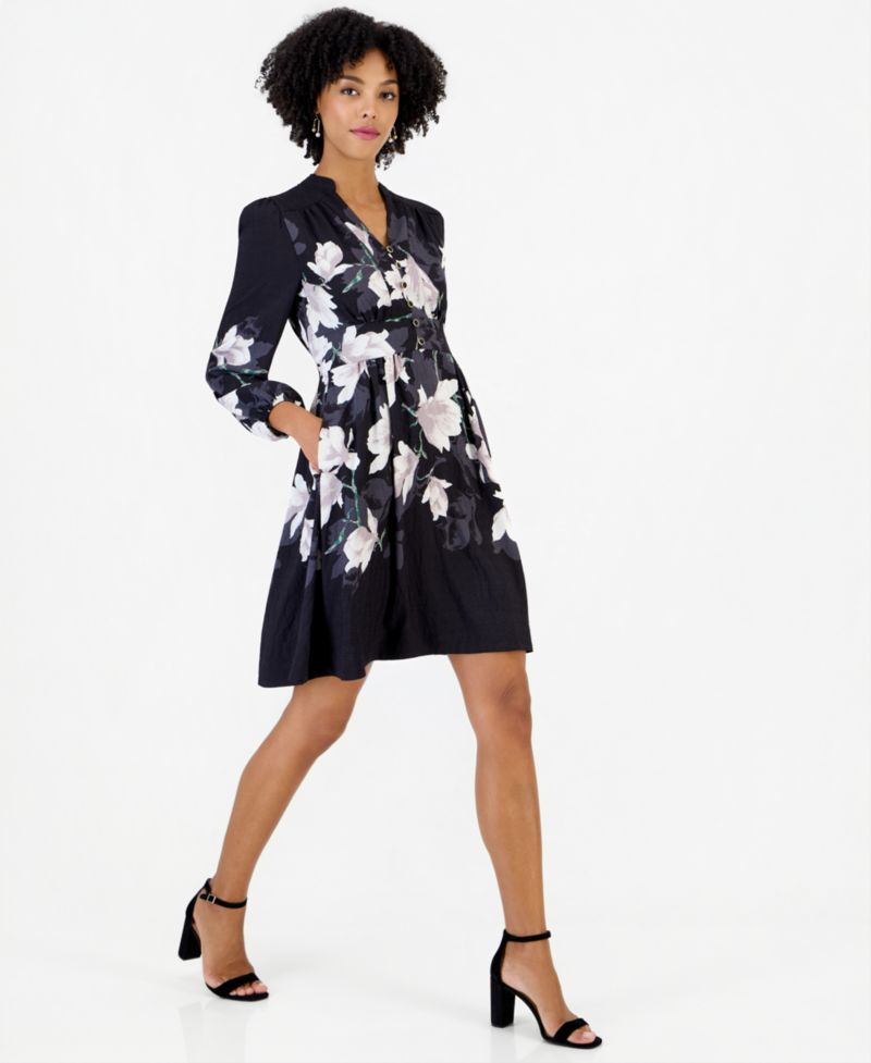 Women's Long-Sleeve V-Neck Floral-Print Shirt Dress