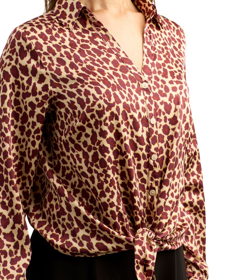 Juniors' Printed Satin Collared Button-Up Shirt