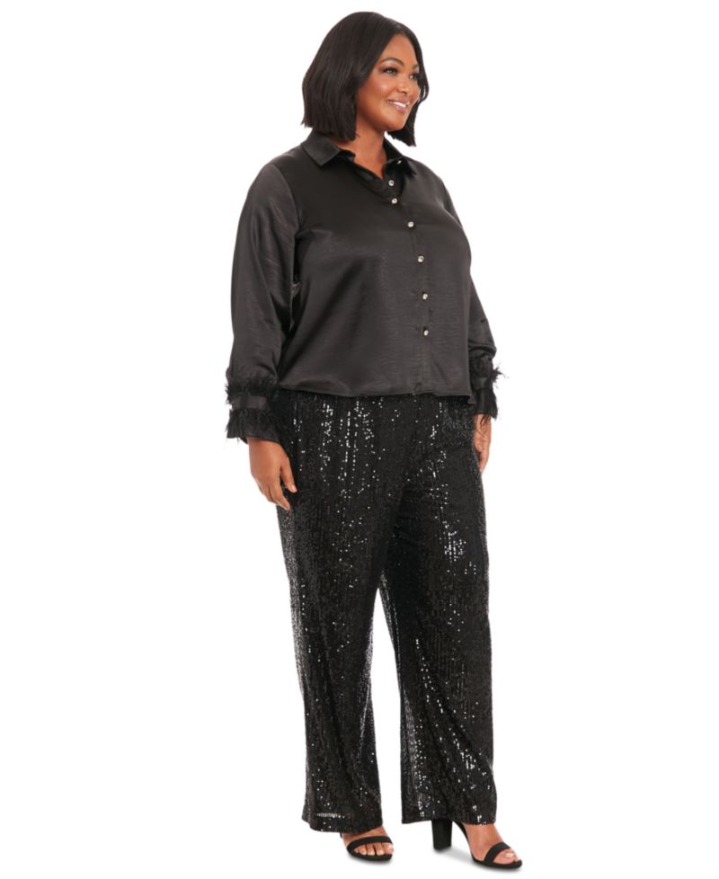 Plus Size Collared Faux Feather-Trim-Sleeve Satin Shirt