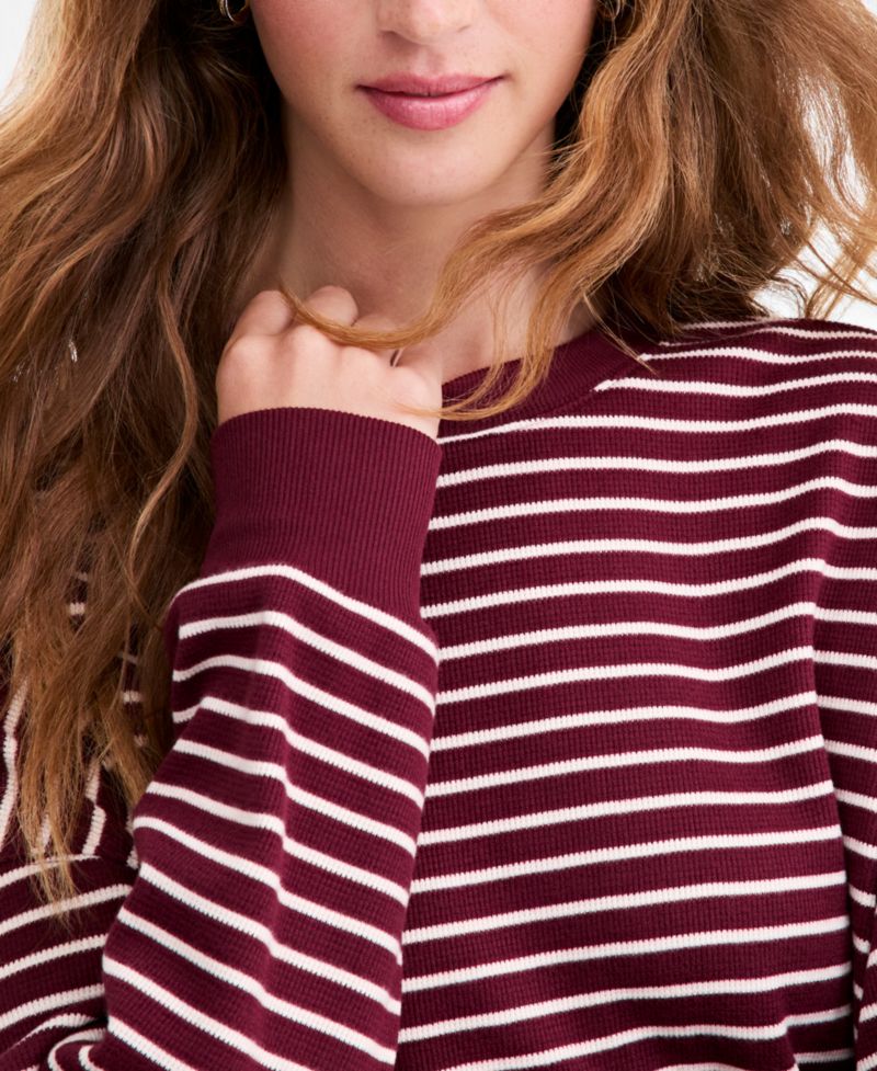 Women's Stripe Lounge Crew Waffle-Knit Crewneck Pullover Sweater