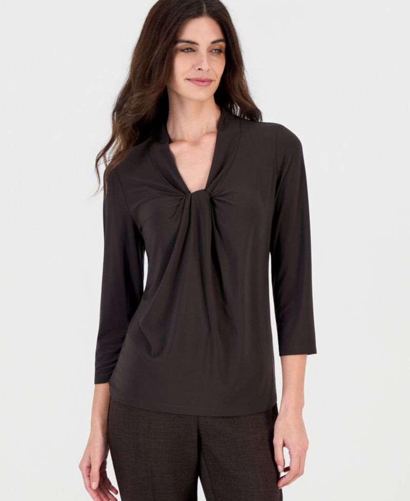 Petite Knot-Front 3/4-Sleeve Blouse
