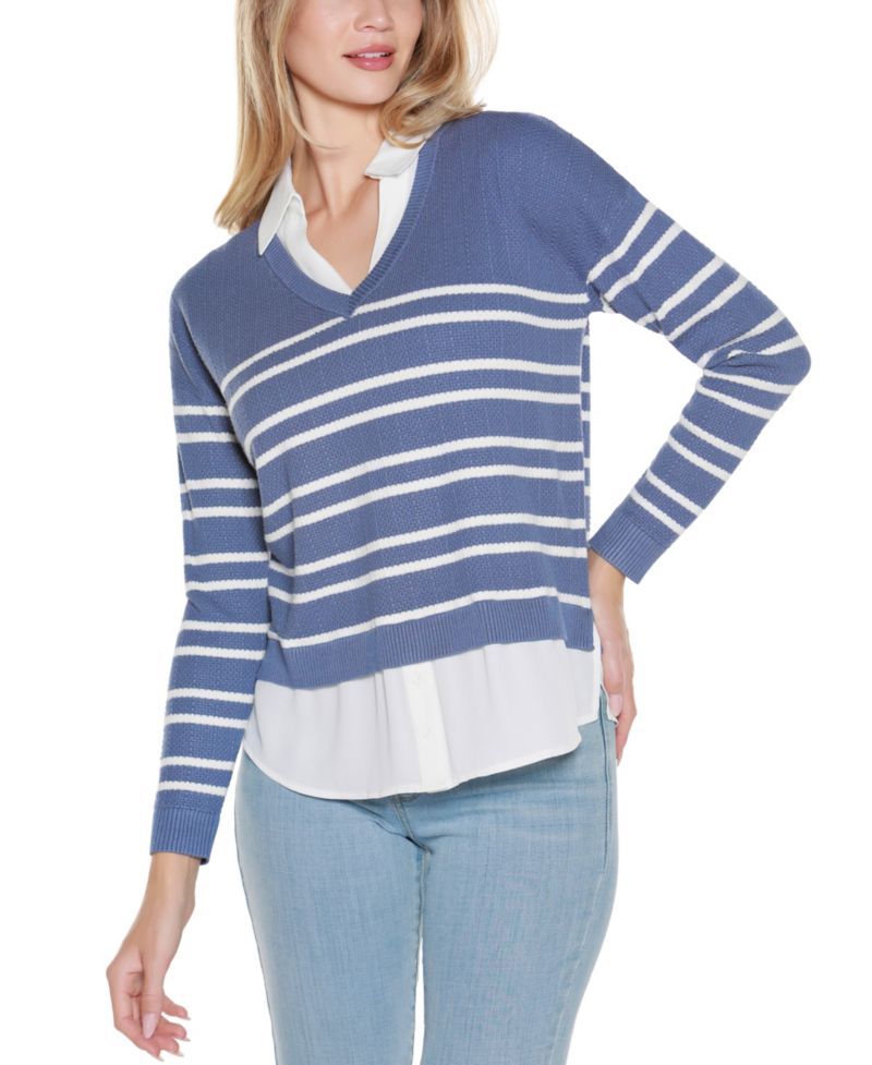 Women's Striped V-Neck Two-Fer Sweater