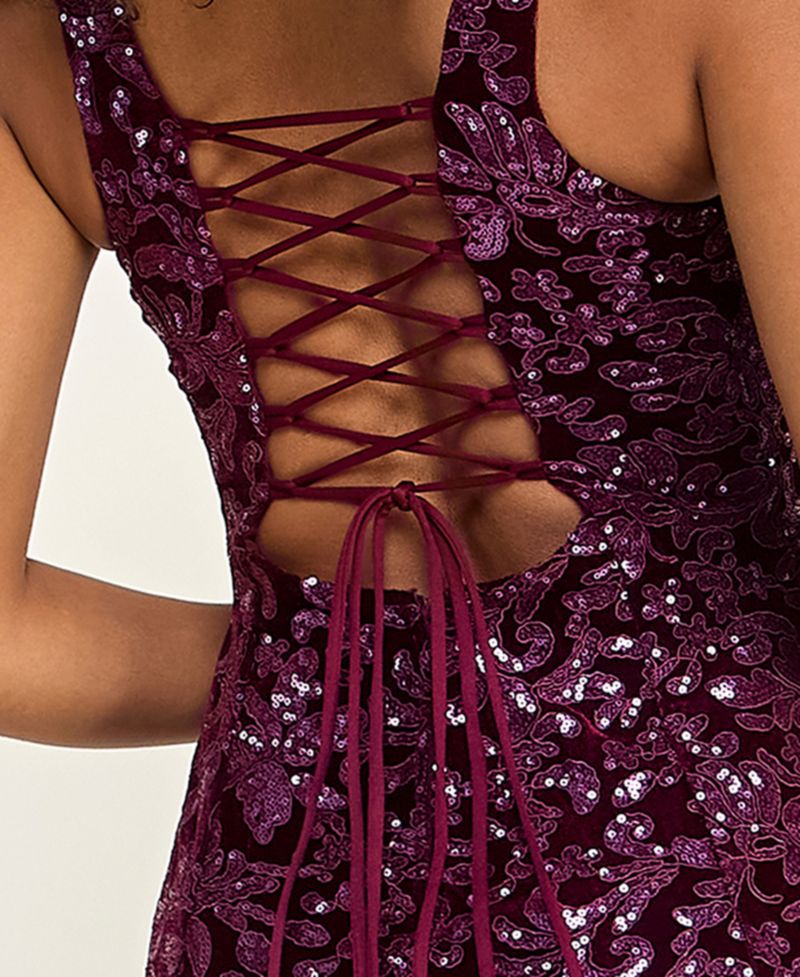 Juniors' Sequined Velvet Lace Up Open-Back Mini Dress