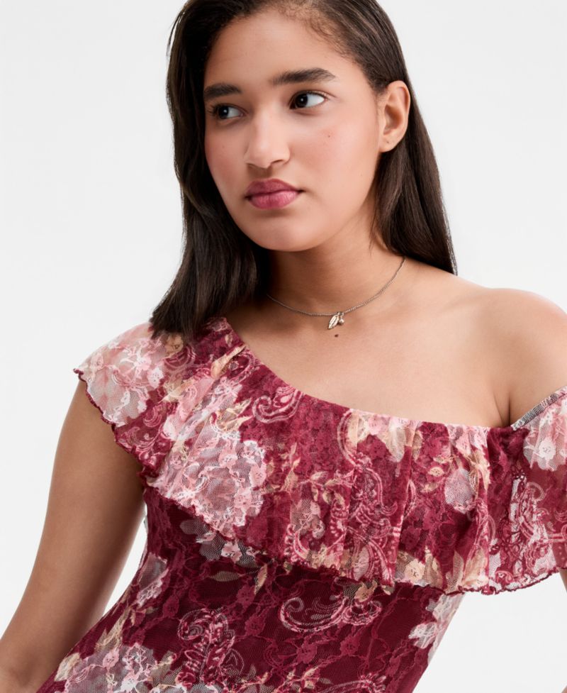 Juniors' Floral Printed Lace One-Shoulder Ruffle Midi Dress