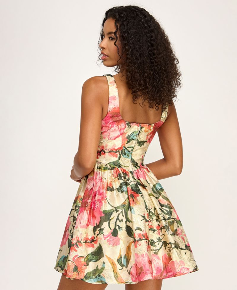 Juniors' Printed Jacquard Square Neck Corset Drop-Waist Dress