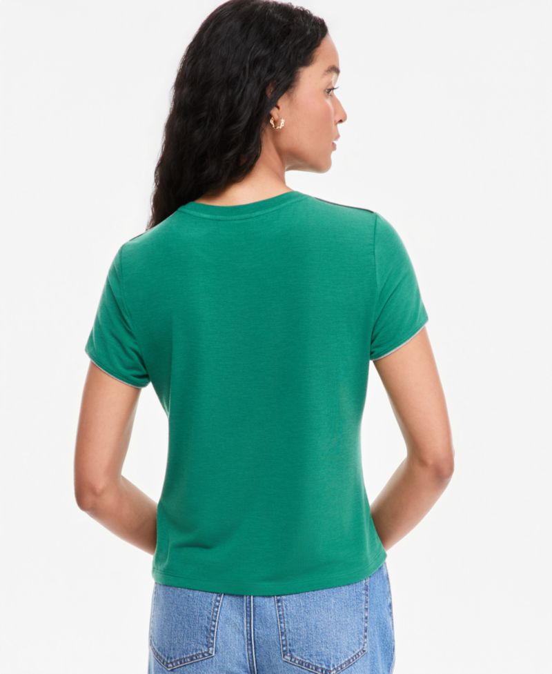 Plus Size Piped Tissue Jersey Layering Crewneck T-Shirt