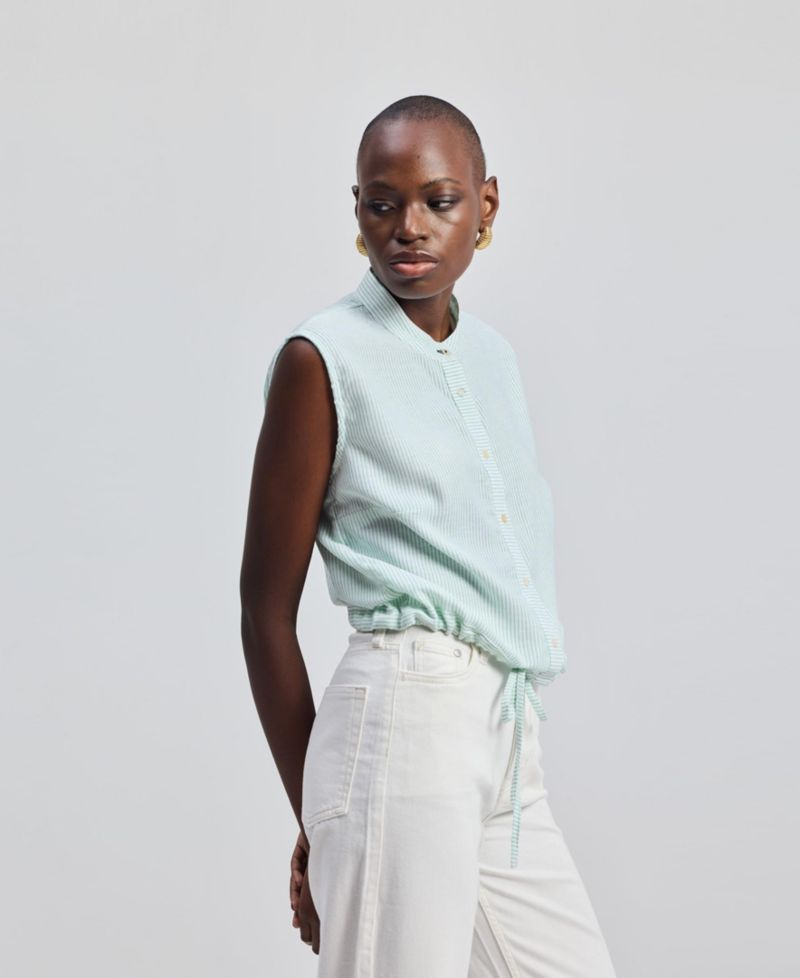 Women's Button-down Shirt with Waist Drawstring in Stripes