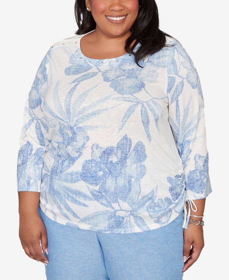 Plus Size Caribbean Blues Monotone Dramatic Floral Tropical Top