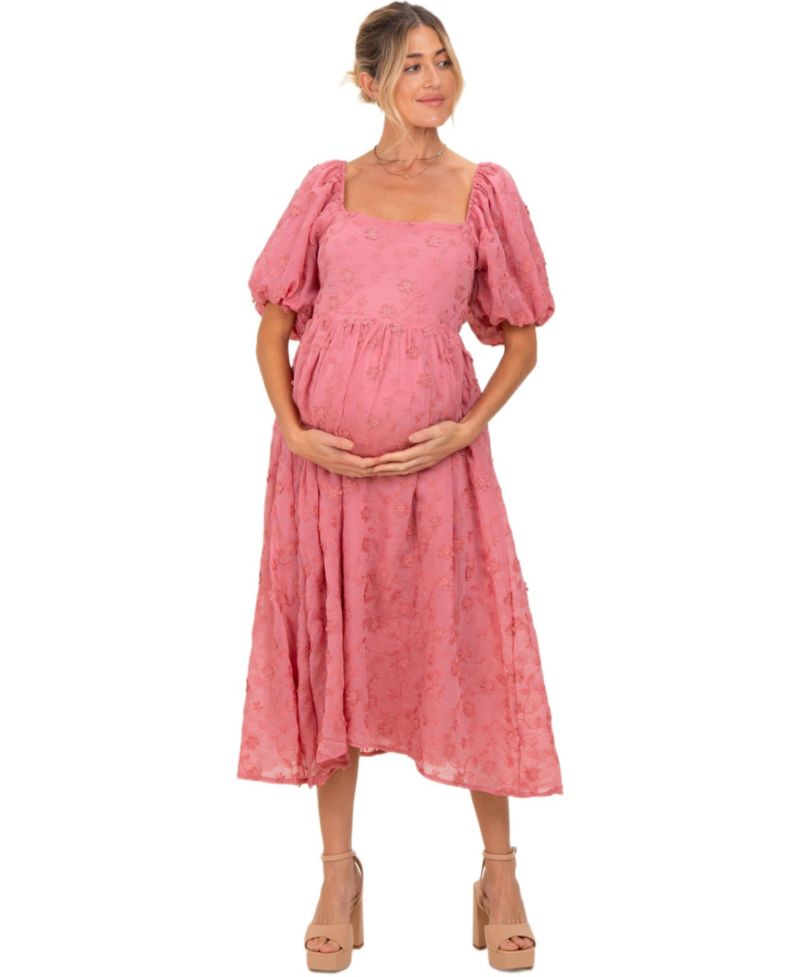 Women's Embroidered Floral Puff Sleeve Midi Dress