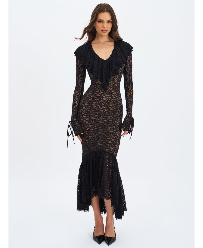 Women's Parisa Black Lace Ruffled Mermaid Maxi Dress