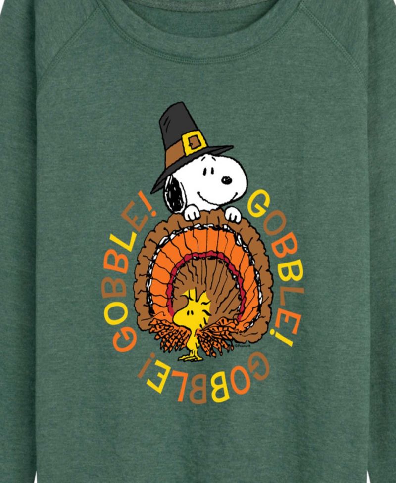 Plus Size Thanksgiving Turkey Snoopy and Woodstock French Terry Long Sleeve T-Shirt