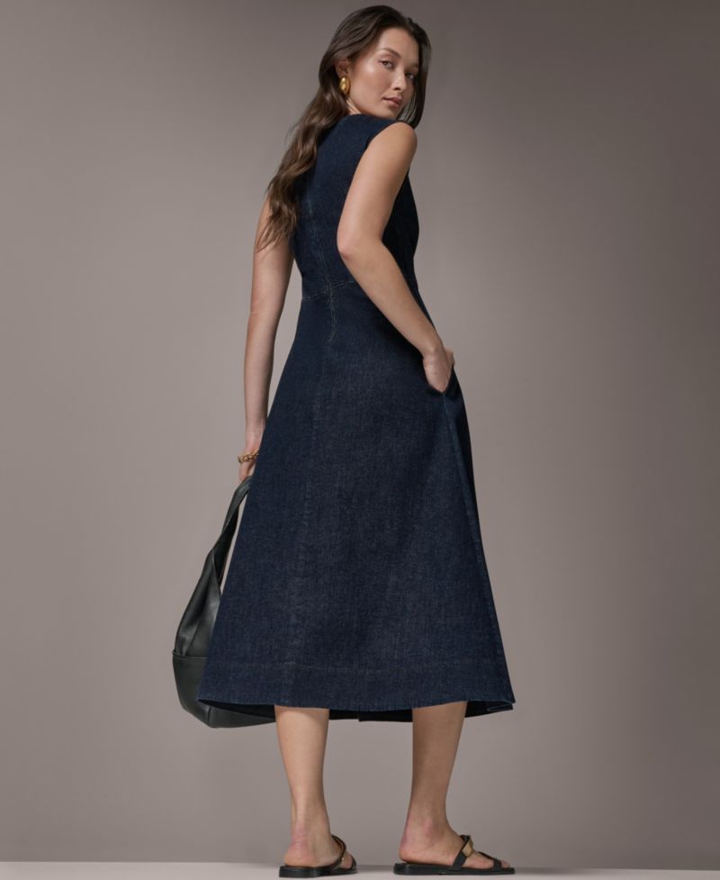 Women's Contrast Color Self-Belted V-Neck Midi Dress