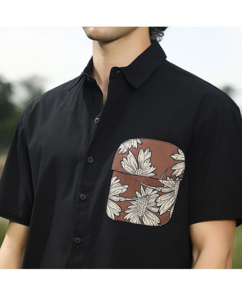 Men's Chocolate Brown & Obsidian Black Flora-Block Shirt