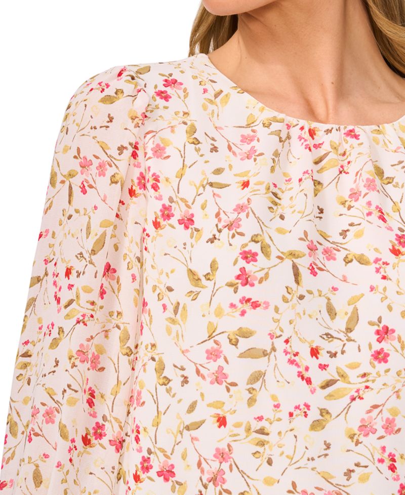 Women's Printed Long-Sleeve Smocked-Cuff Blouse