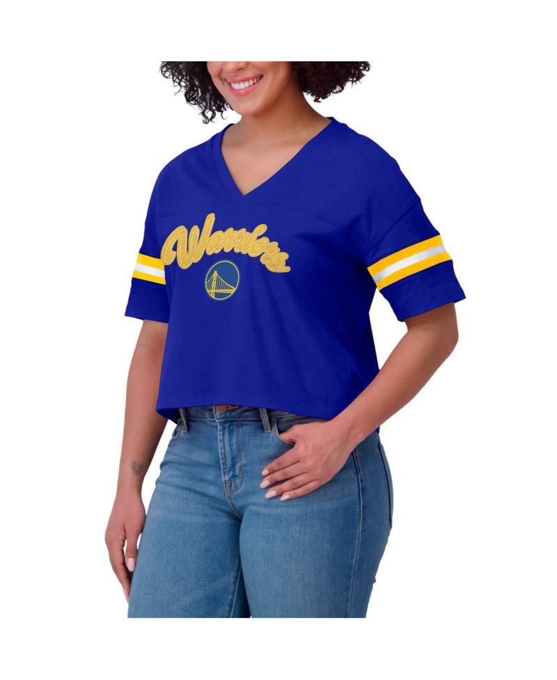 Women's Royal Golden State Warriors Plus Size Color Block Boxy V-Neck T-Shirt
