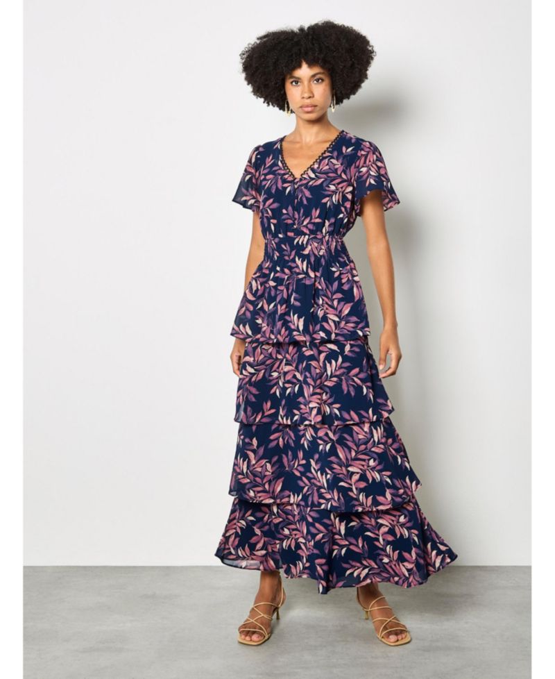 Women's Tiered Leaf Print Short-Sleeve Dress