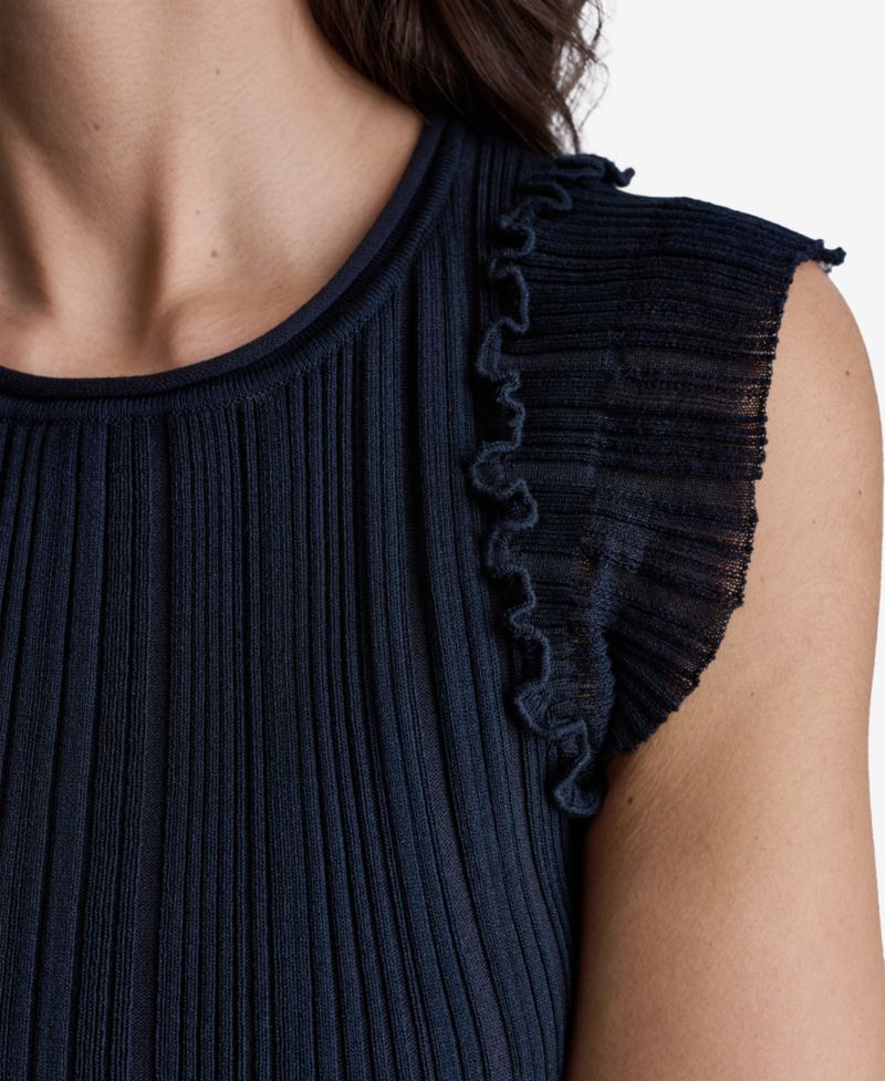 Women's Ribbed Ruffle Cap-Sleeve Crewneck Top